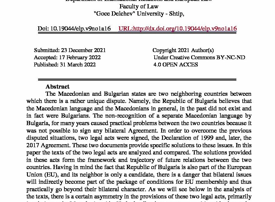 A Study of the Two Documents that Create the Framework of the Contemporary Relations between Republic of Macedonia and Bulgaria