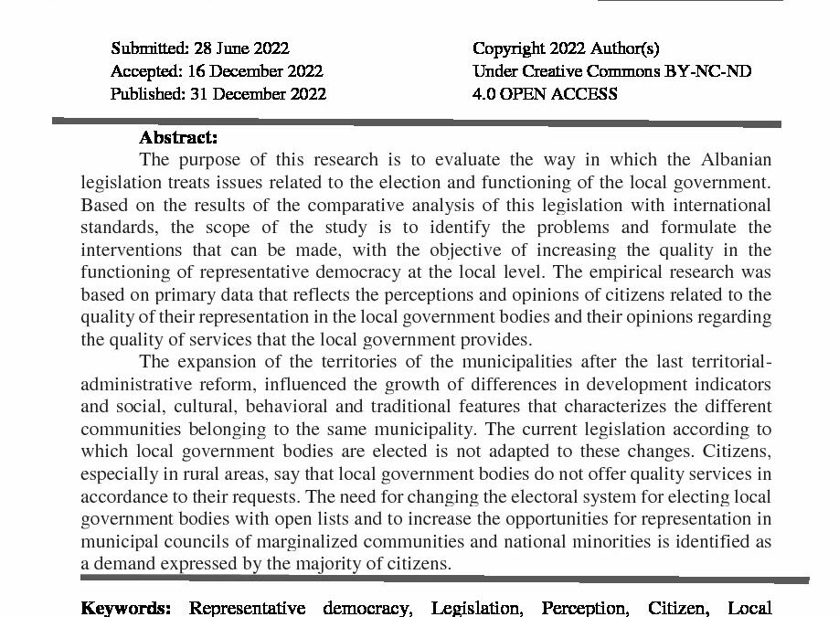 Analysis of the Albanian legislation and perceptions of voters relevant to the quality of citizens representation in local government bodies