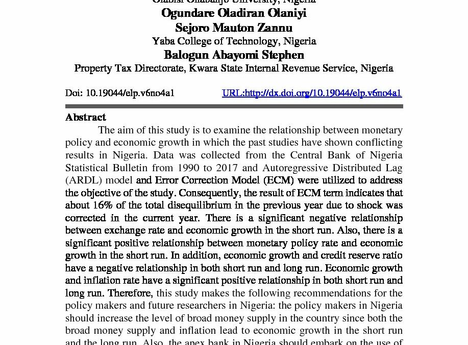Monetary Policy and Economic Growth in Nigeria: An Ardl-Bound Testing and ECM Approach