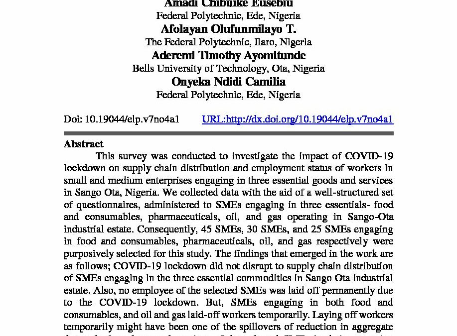 Effects of Corona Virus (Covid-19) Pandemic On Small and Medium Scale Enterprises in Nigeria: A Case Study of Sango-Ota Industrial Estate